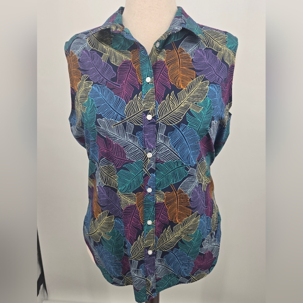 Lands' End Colorful Leaf Print Sleeveless Button-Front Top Size 18